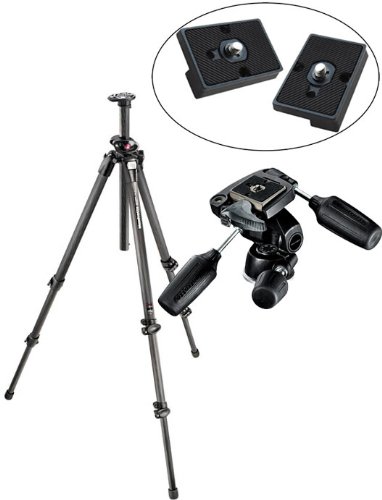 Manfrotto 055CXPRO3 Carbon Fiber 3-Section Tripod Legs with 804RC2 3-Way Head + 2 Bonus Replacement Quick Release Plates for the RC2 Rapid Connect Adapter