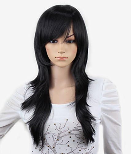 WY Blue Sky 22inch Black Long Big Curly Wave Medium Layered as Real Hair Synthetic Cosplay Wig for Women with Side Swept Bangs Fringe Elegant + Free Wig Cap