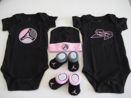 Nike Jordan Infant New Born Baby Boy/Girl 0-6 Months 2 Lap/Shoulder Bodysuits, 2 Pairs of Booties and 1 Cap With “Jordan” Sign Pink/Black 5 PCS Set New