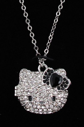 Hello Kitty Black Rhinestone Heart Bow Locket Pendant Necklace for Women