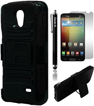 Cover-U® LG Lucid 3 VS876 Extreme Rugged Dual Layer Kickstand Combo Case with Belt clip Holster BLACK+BLACK Included [Free Premium Screen Guard + Free Cover U (TM) Stylus Pen]