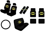 15 Piece Auto Interior Gift Set - Batman Classic Logo - 2 Bottom Seat Covers, 2 Top Seat Covers, 2 Headrest Covers, 2 Seat Belt Shoulder Pads, 1 Steering Wheel Cover, 1 Bottom Bench Seat Cover, 1 Top Bench Seat Cover, 2 Front Floor Mats, 2 Rear Floor Mats