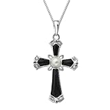 Sterling Silver Onyx and Diamond Gothic Cross Pendant (.032cttw, I-J Color, I3 Clarity), 18"