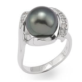 Tahitian Black Pearl Ring with Diamond in 14K White Gold by Maui Divers of Hawaii