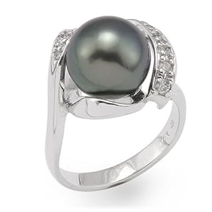 Tahitian Black Pearl Ring with Diamonds in 14K White Gold by
