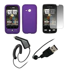 Premium Purple Soft Silicone Gel Skin Cover Case + Crystal Clear Screen Protector + Rapid Car Charger + USB Data Sync Charge Cable for HTC Droid Eris [Accessory Export Packaging]