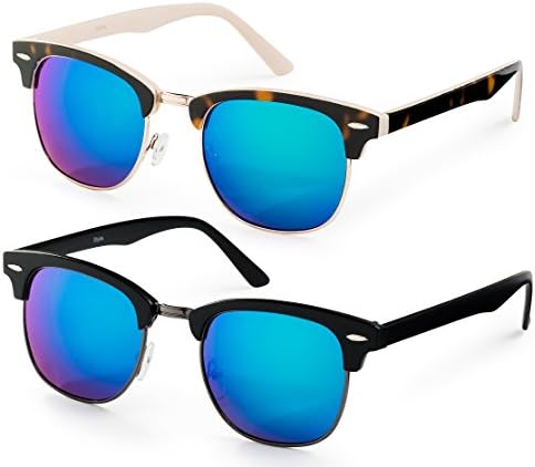 Pack of 2 - Havana Cream Gold Frame/ Green Flash Mirror Lens + Black Gunmetal Frame/ Green Flash Lens - Clubmaster Sunglasses