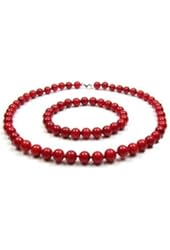 Bling Jewelry Sterling Silver Simulated Coral Bead Necklace and Bracelet Set 9mm