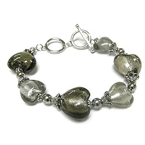 Grey Murano Glass Heart Link Toggle Bracelet Fashion Jewelry