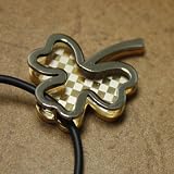 Gold Checkers Clover Pendant on a Stainless Steel on Leather Cord - Gift Boxed J1169