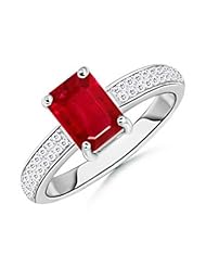 Emerald Cut Ruby Round Diamond Ring in 14k White Gold