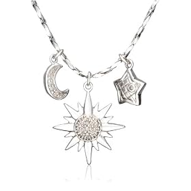 Sterling Silver Sun, Moon and Star Diamond Necklace