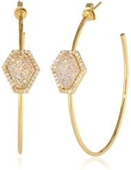 Marcia Moran Cubic-Zirconia Surrounding Geometric Stone Rhodium or Gold Plated Druzy Hoop Earrings