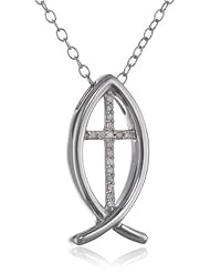 Sterling Silver Christian Fish Cross White Diamond 1/4 cttw Pendant Necklace, 18"