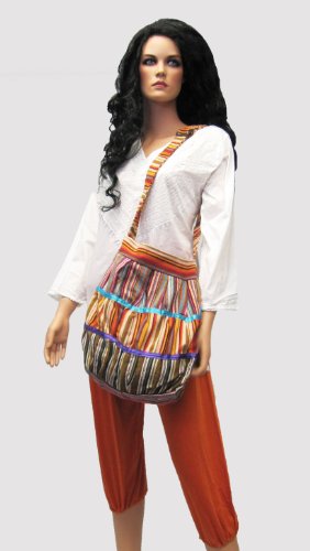 Multi Color Round Striped Tote Bag / Indian Sling Cross Body Long Shoulder - Womens Crossbody Handbag