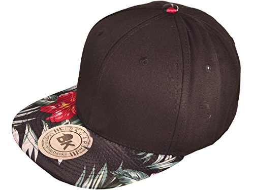 BK Caps Cotton Flat Bill Floral Snapback Hats (Black Flower) (One Size, Black/Black Floral)