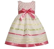 Girls Shirred  Striped Print Polyester/Satin  Dress With a Bow(s) and a Ribbon  and a Sash 