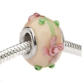 Murano Style Glass Lampwork Bead Fits Pandora Ivory With Pink Flower 14mm (1)