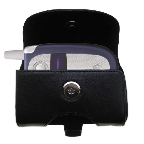 Horizontal Black Leather Case for the Motorola V505 with both a belt clip and loop option - a Gomadic design