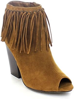 ADIRANA JARLYN-33 Women's Stacked Chunky Heel Peep Toe Fringe Ankle Booties, Color:RUST, Size:8