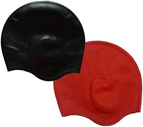[2 PACK]Swimate Silicone Swim Cap with Comfort Ear Pockets-Unisex for Men and Women Including Long Hair Swimmers (Black-Red)