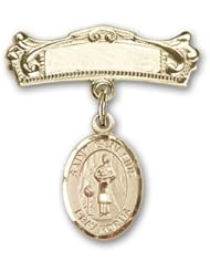 14K Gold Baby Badge with St. Genesius of Rome Charm and Arched Polished Badge Pin