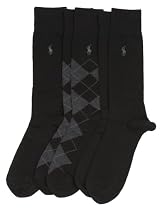 Ralph Lauren Mens Dress Socks Small Pony Argyle Black Mix 3Pack - Size 6-12