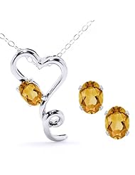 1.60 Ct Oval Yellow Citrine 14K White Gold Pendant Earrings Set