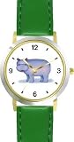 Hippopotamus (Hippo) Cartoon - JP Animal - WATCHBUDDY&reg; DELUXE TWO-TONE THEME WATCH - Arabic Numbers - Green Leather Strap-Size-Children's Size-Small ( Boy's Size & Girl's Size )
