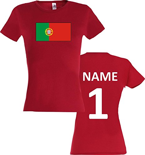 Lady T-Shirt Portugal Ländershirt mit Wunschnamen und Nummer, Farbe rot, Größe M