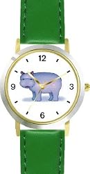 Hippopotamus (Hippo) Cartoon - JP Animal - WATCHBUDDY&reg; DELUXE TWO-TONE THEME WATCH - Arabic Numbers - Green Leather Strap-Size-Children's Size-Small ( Boy's Size & Girl's Size )