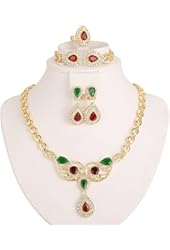 Women Gold Plated Jewelry set Red & Green Beads Crystal Necklace Earrings Bracelet Ring