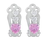 Platinum Plated Sterling Silver Pink and White Cubic Zirconia 3-Heart Earrings