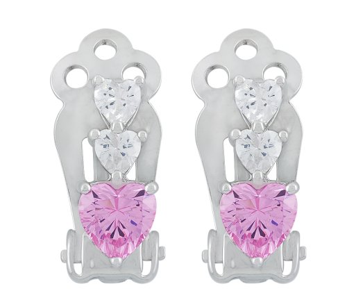 Platinum Plated Sterling Silver Pink and White Cubic Zirconia Three-Heart Earrings