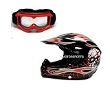 Black/Red Skull Flame Motocross ATV Off-road Helmet with Goggles (Medium)