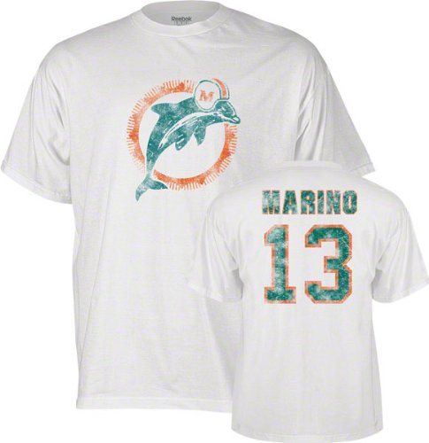 Miami Dolphins Dan Marino Reebok Throwback Distressed WHITE T Shirt (Small)