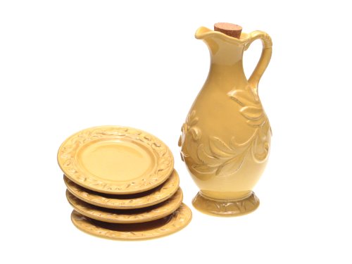 Certified International Firenze Gold 5-Piece Olive Oil Set, Four 5-Inch Dip Plates and One 26-Ounce Oil Bottle