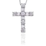 14K White Gold 1 ct. Round and Baguette Cut Diamond Cross Pendant with Chain