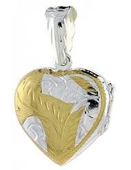 Sterling Silver Heart Locket Two Tone Hand Engraved, 3/4 inch