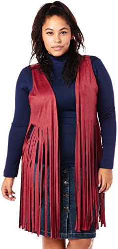 Womens Ladies Plus Sizes Curvy Stylish Suede Fringe Vests C1107X (XL, Burgundy)