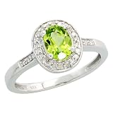 14k White Gold Oval-shaped Stone Ring, w/ 0.16 Carat Brilliant Cut Diamonds & 0.77 Carat Oval Cut (7x5mm) Peridot Stone, 3/8 in. (10mm) wide
