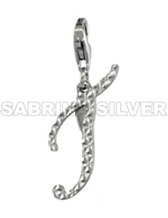 Sterling Silver Script Initial Letter T Alphabet Charm Diamond Cut Finish and Lobster Lock Clasp, 3/4 inch