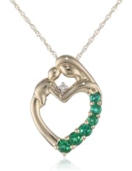 XPY 14k Yellow Gold Mother and Child Gemstone Heart Pendant Necklace with Diamond Accent, 18"