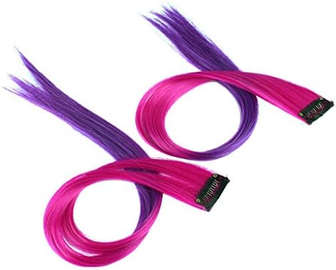 KunYuHengXing Synthetic 6pcs Clip in Tricolor Ombre Dip Dyed Hair Extension 18 inch Long Color Red Fuchsia Blue
