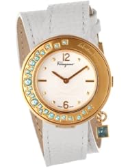 Salvatore Ferragamo Womens F64SBQ52401 S001 Gancino Sparkling Gold Ion-Plated Rotating Turquoise Stone Bezel Double-Tour Leather Band Watch