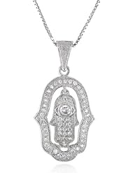 Sterling Silver Micro Pave Cubic Zirconia Hamsa Chain Pendant Necklace, 18"