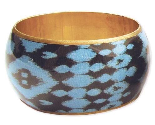 ZAD Unique Blue Ikat Print Wide Bangle Bracelet Gold Tone