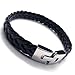 KONOV Men's Leather Bracelet, Stainless Steel Clasp, Black Silver, 9 Inch
