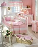 Picci Taormina 4 Piece Infant Bedding Set in Pink and White Striped Cotton Piquet with Delicate Cream Organdie