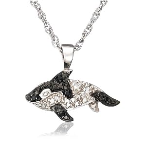 Sterling Silver Black and White Diamond Whale Pendant